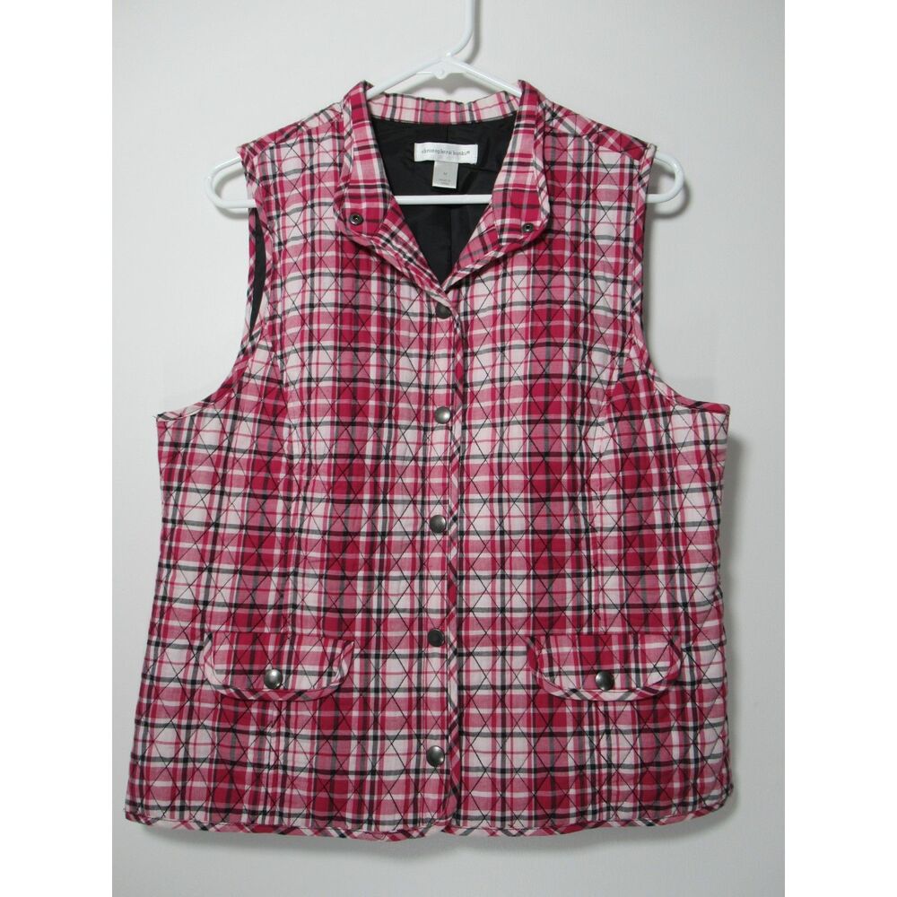 Christopher & Banks Pink Plaid Quilted Vest w/Snap-front Size Medium
